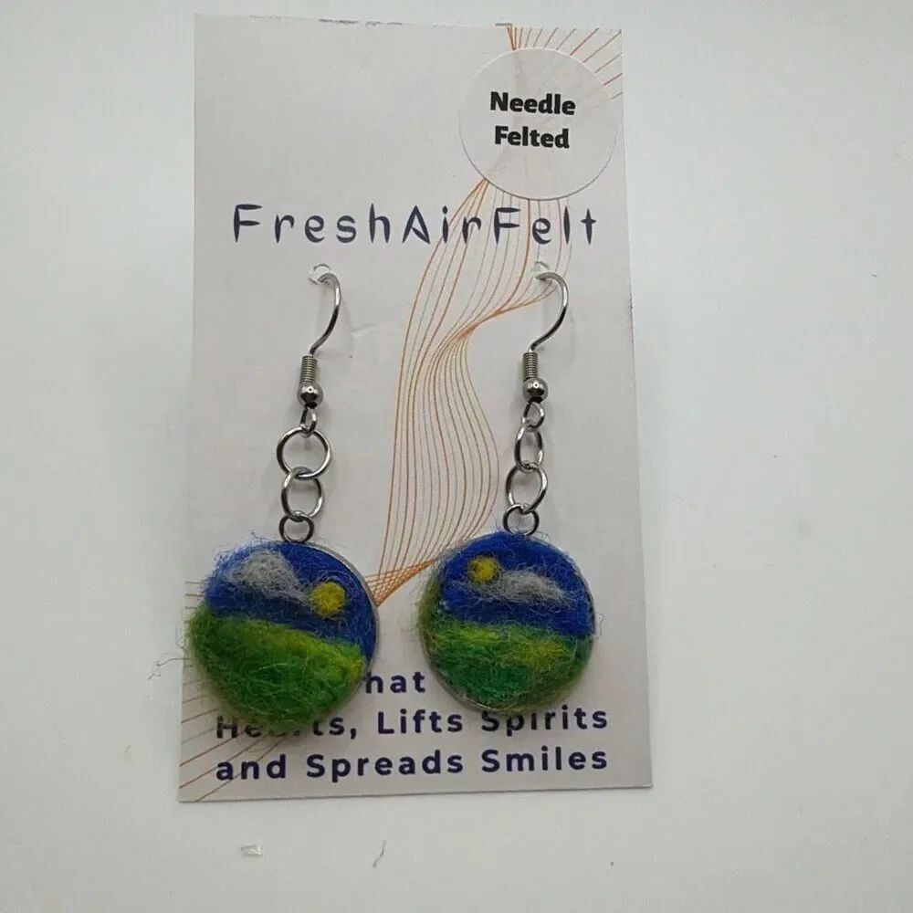 Needle felted landscape Unique hand crafted Stainless drop steel earrings